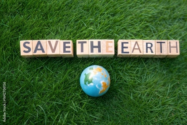 Fototapeta Inspiring message SAVE THE EARTH spelled with wooden blocks on vibrant green grass beside a mini globe, promoting environmental awareness and conservation efforts