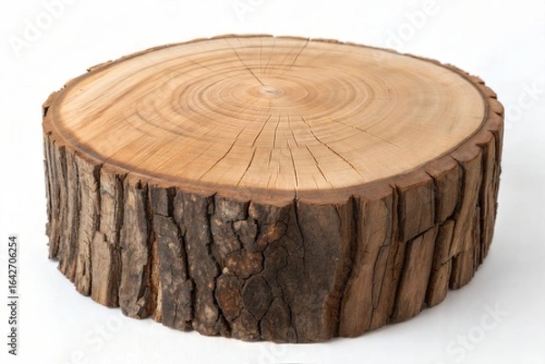Fototapeta Naturally beautiful rustic wood slice with detailed tree rings and textured bark, perfect for showcasing products or creating organic decor
