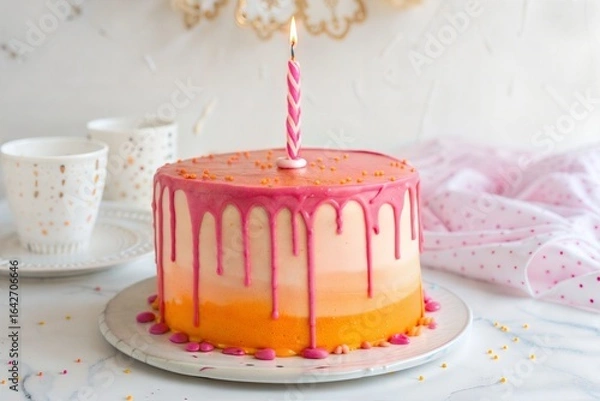 Fototapeta Celebrate joyous moments with this vibrant ombre cake, adorned with pink drip frosting and a single lit candle, perfect for birthdays and parties