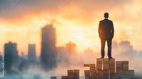 Obraz Business leader overlooking city skyline at sunset urban environment inspirational image entrepreneurial vision