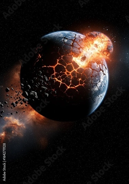 Fototapeta Earth Destroyed by Explosion and Cracks in Space Scene