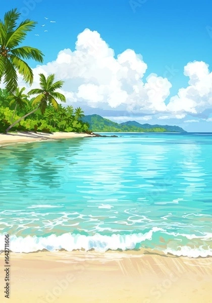 Fototapeta Tropical Beach Scene with Palm Trees Calm Ocean Water and Blue Sky