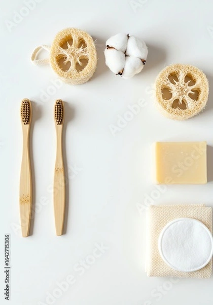 Fototapeta Natural Soap and Toothbrushes with Loofah and Cotton Pads on White Background