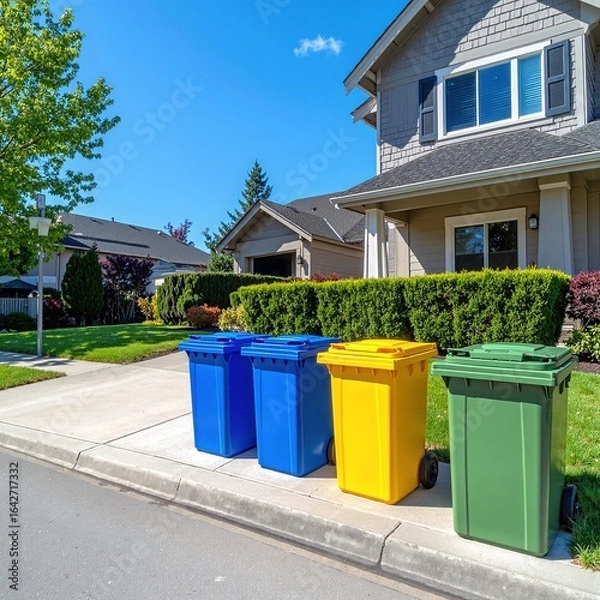 Fototapeta A colorful row of trash bins lined up neatly along a bustling sidewalk, surrounded by vibrant greenery and pedestrians going about their day.