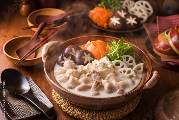 Fototapeta 【豆乳鍋】豚バラ肉と野菜・豆腐を豆乳仕立てのつゆで煮込む豆乳鍋。まろやかな豆乳の風味と具材から染み出す旨みを楽しみます。