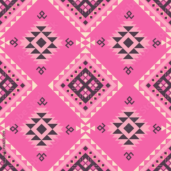 Fototapeta Pink and cream ethnic boho seamless pattern. Native American, Navajo pattern, tribal vector texture. Aztec ornament. Design for black ground Capet , curtains, blankets, Use in design for clothing.
