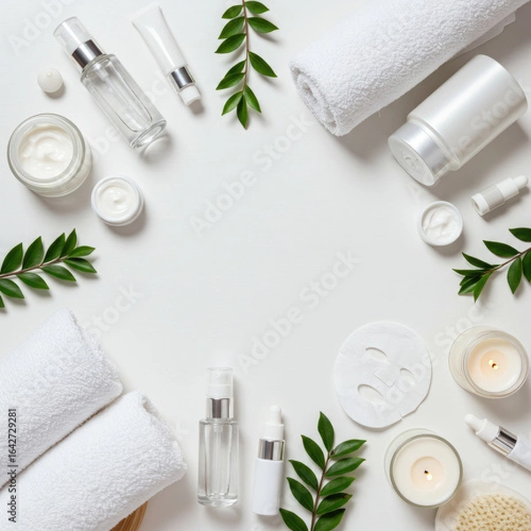Fototapeta Flat Lay Of Skincare And Self-Care Products With Towels And Candles On White Background