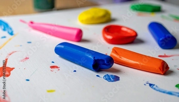 Fototapeta クラフトテーブルの上に、色とりどりの指絵具が並んでいます。鮮やかな色と質感が、子どもの創造力とアートの楽しさを感じさせます。