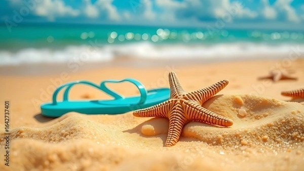 Fototapeta Summer beach scene with starfish and turquoise sandals on golden sand, evoking coastal relaxation.