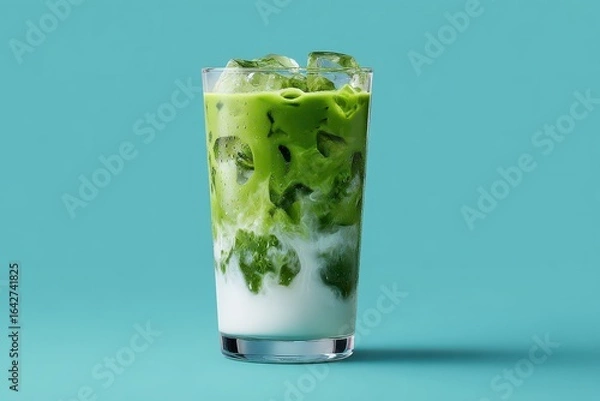 Fototapeta Iced Matcha Latte in Glass on Teal Background, Refreshing Drink