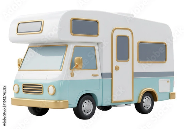 Obraz 白いとターコイズ色のレトロなキャンピングカーが透明な背景に描かれた3Dレンダリング
