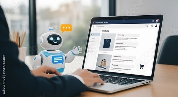 Obraz Illustration of a person uses a laptop while an ai chatbot provides assistance for online shopping