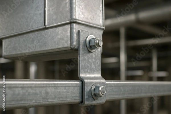 Fototapeta Metal bracket and bolt secure air duct with engineering strength and mechanical stability ensuring reliable construction work