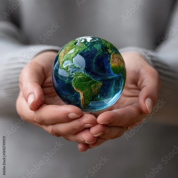 Fototapeta A person gently cradles a miniature earth globe in their hands, symbolizing environmental stewardship and global responsibility