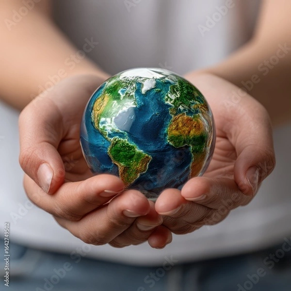 Fototapeta A person holds a glass earth globe, representing global awareness and the importance of environmental protection