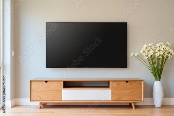 Fototapeta Blank Screen smart TV Mockup on a solid colored wall with white flowers 