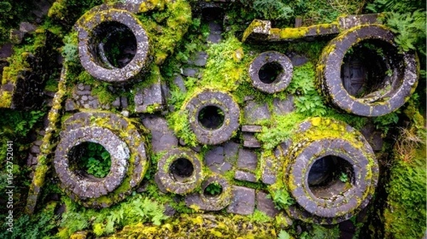 Obraz Circular stone structures covered in moss and greenery.