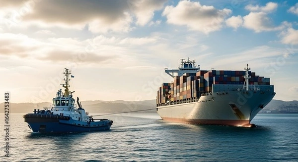 Fototapeta A tugboat assists a large container ship navigating through calm waters under a partly cloudy sky near land.
