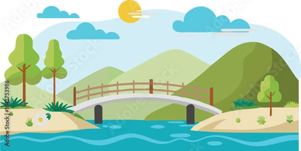Fototapeta A scenic bridge spans a river, surrounded by lush trees and majestic mountains in the background.
