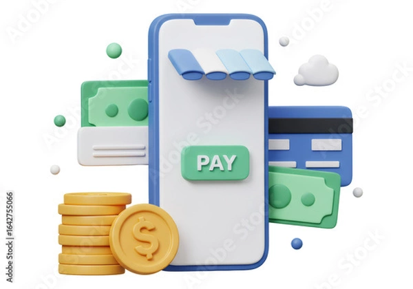 Fototapeta 透明な背景上のコイン 紙幣 クレジット カード付きの携帯電話での3Dオンライン支払い