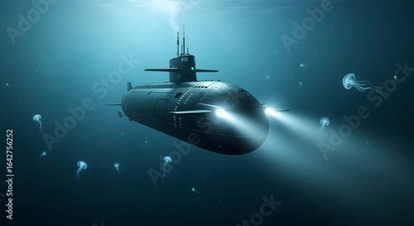 Fototapeta A modern submarine with bright headlights on navigates the deep, dark ocean surrounded by a swarm of jellyfish.