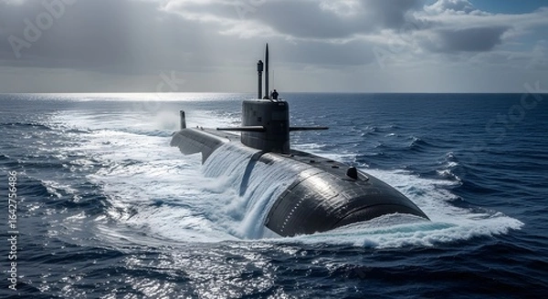 Fototapeta A modern naval submarine cruises on the ocean surface, with water cascading down its hull under a dramatic, sunlit sky.