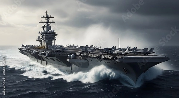 Fototapeta A formidable aircraft carrier plows through a turbulent ocean, its flight deck lined with fighter jets under a stormy, dramatic sky.