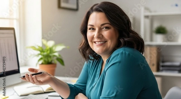 Fototapeta Happy caucasian woman working on a computer smiling in a bright home office space