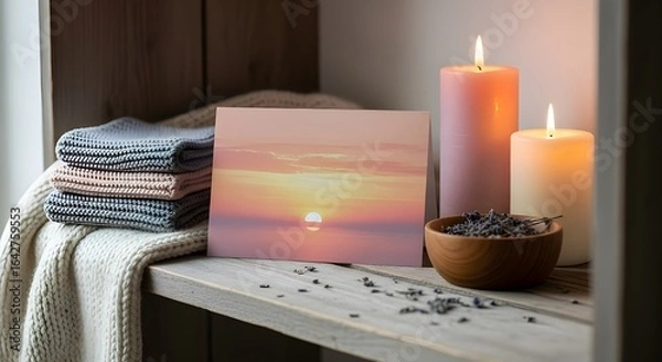 Fototapeta Spa candles and card with sunset image on shelf