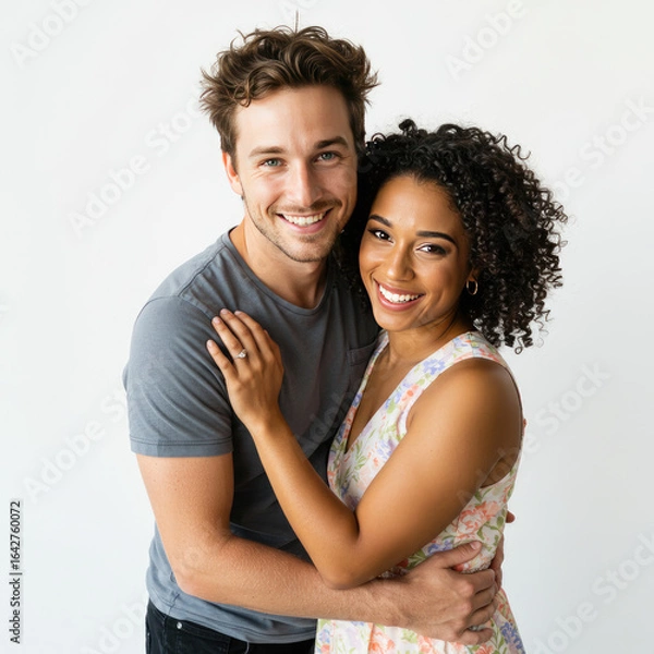 Fototapeta Couple Smiling And Hugging, Casual Clothes, Standing Pose On White Background