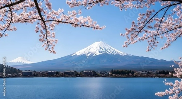 Fototapeta Mount Fuji scenic view with cherry blossom in spring