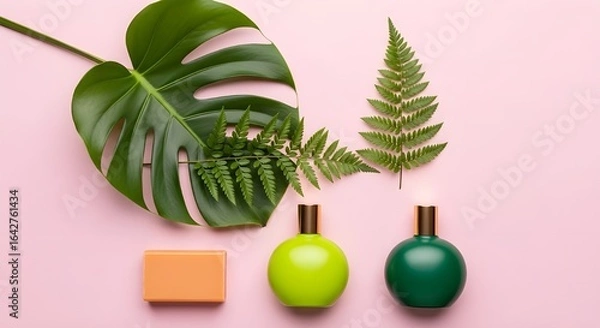 Fototapeta Spa still life with monstera leaf, fern, bottles and soap bar on pink background