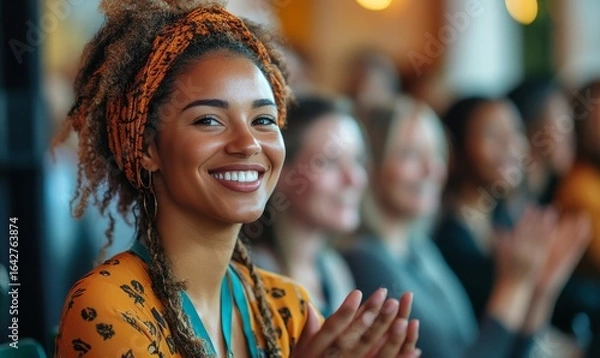 Fototapeta Diversity & inclusion in business. Happy diverse multiethnic group of women clapping at a company networking conference, Generative AI