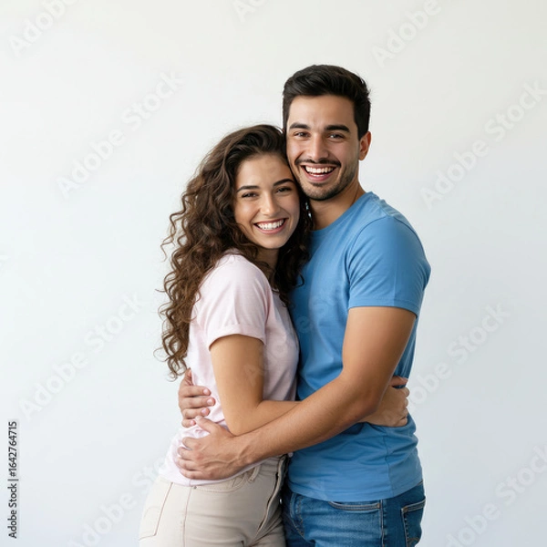 Fototapeta Couple Smiling And Hugging, Casual Clothes, Standing Pose On White Background