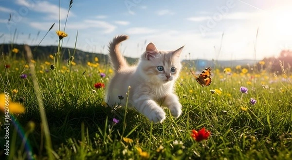 Fototapeta A cute kitten playfully interacts with a butterfly in a vibrant sunlit field of green grass and wildflowers.