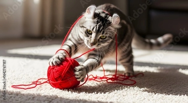 Fototapeta A playful cat with curled ears batting and interacting with a vibrant red ball of yarn on a carpet.