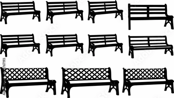 Obraz A collection of nine black benches with varying designs arranged in a three by three grid pattern silhouette