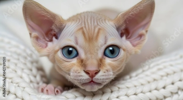 Fototapeta A close-up portrait of an adorable Sphynx kitten with bright blue eyes resting on a white knitted blanket.