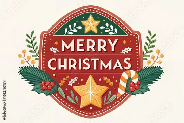 Obraz Vintage Christmas label with a festive ribbon, a retro vector design perfect for a holiday card or premium quality sticker