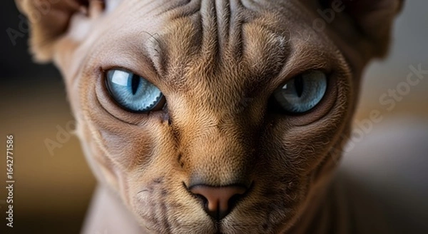 Fototapeta A close-up portrait of a Sphynx cat with striking blue eyes and wrinkled skin, looking intently at the viewer.