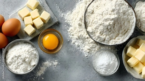 Obraz Assorted baking ingredients arranged on a gray surface.