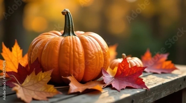 Fototapeta Autumnal Still Life A Vibrant Pumpkin Rests Amongst Colorful Fall Foliage on Rustic Wood