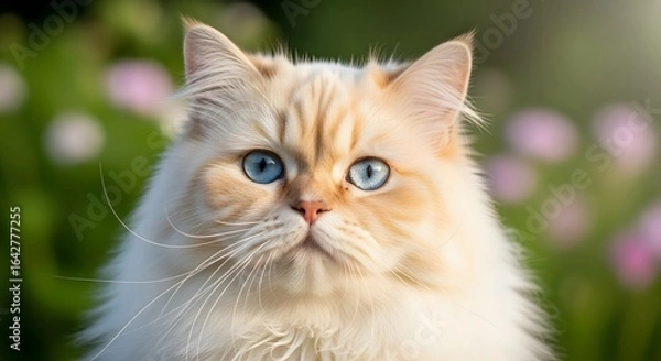 Fototapeta A close-up portrait of a fluffy, cream-colored cat with striking blue eyes, gazing intently.