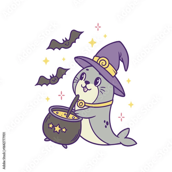 Fototapeta A cute cartoon seal wearing a witch hat stirs a bubbling cauldron, with bats and stars floating around.