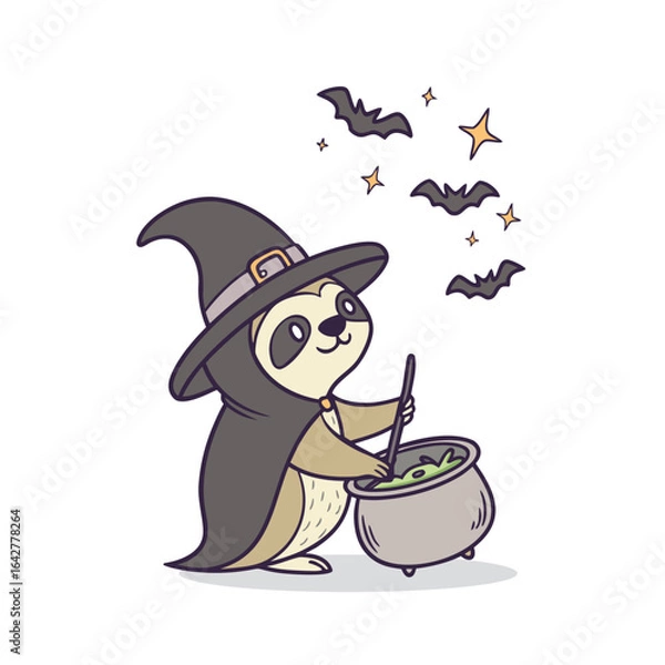 Fototapeta A cute sloth dressed as a witch stirs a bubbling cauldron, surrounded by bats and stars, on a white background.