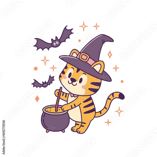 Fototapeta A cute tiger wearing a witch hat stirs a cauldron with a wooden spoon, surrounded by bats and sparkles, in a Halloween themed illustration.