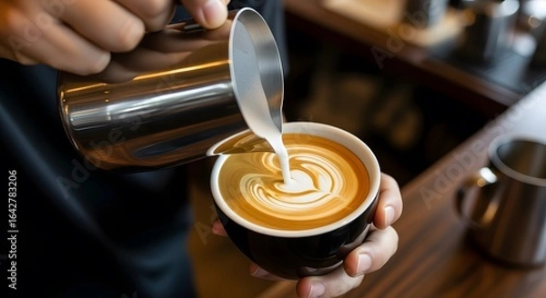 Fototapeta A barista's hands pour steamed milk from a metal pitcher, creating a beautiful latte art design in a cup of coffee.