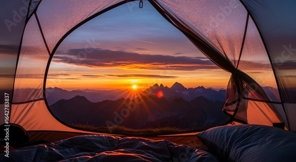 Fototapeta View from inside a tent shows a vibrant sunrise over a mountainous landscape with a clear sky and visible sun rays.