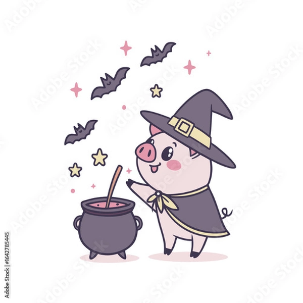Fototapeta A cute cartoon pig dressed as a witch stirs a bubbling cauldron surrounded by bats and stars.