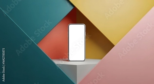 Fototapeta Smartphone with a blank white screen displayed on a white cube platform, surrounded by colorful geometric shapes.